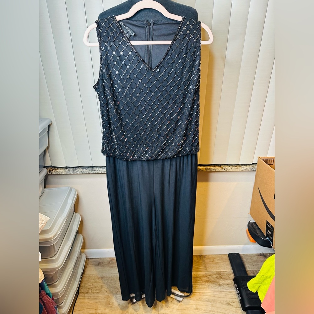 Pissaro Nights Black Sleeveless Sequined Top Wide Leg Jumpsuit Evening Size 12